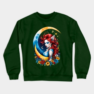 Moonlit Muse: Enchanting Red-Haired Girl Illustration Crewneck Sweatshirt